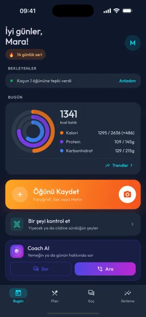 Kalori ve makro halkaları ile öğün kaydetme düğmesini gösteren SunCoach Bugün ekranı
