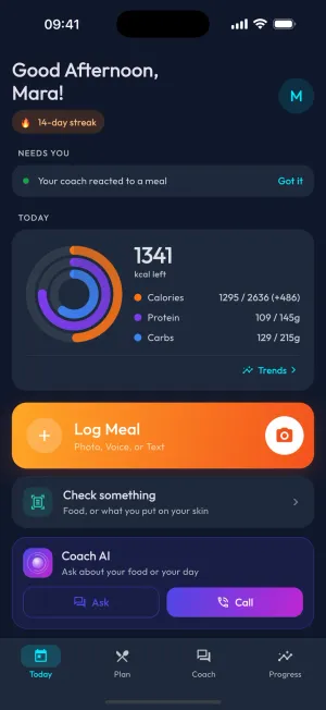 The SunCoach Today screen, with calorie and macro rings and the Log Meal button