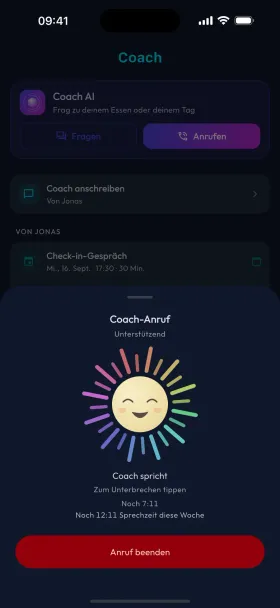 Ein laufender Sprachanruf mit Coach AI