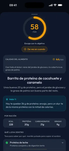Resultado del chequeo de alimentos de una barrita de proteínas, puntuada por objetivo y calidad