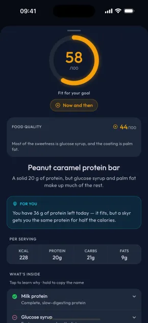 A Food Check result for a protein bar, scored for goal fit and food quality