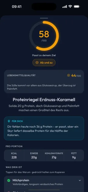 Food-Check-Ergebnis für einen Proteinriegel mit Bewertung für Ziel und Qualität