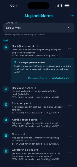 Tamamlanmaya hazır bir alışkanlığın bulunduğu alışkanlık listesi