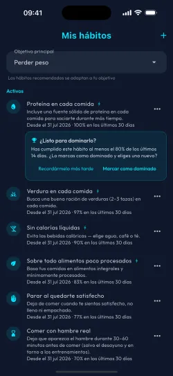 Una lista de hábitos, con uno listo para marcar como dominado