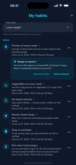 A habit list, with one habit ready to be mastered