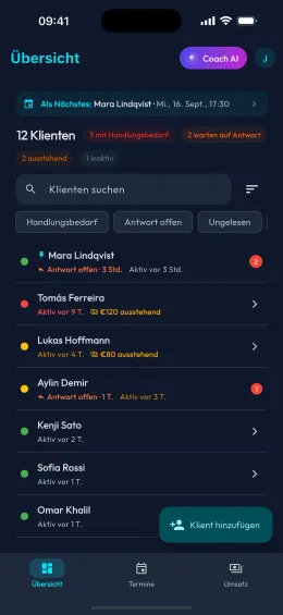 Die Coach-Übersicht, die Klienten nach Handlungsbedarf sortiert