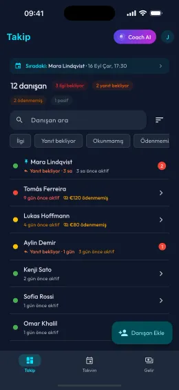 Danışanları ilgi ihtiyacına göre sıralayan koç takip ekranı