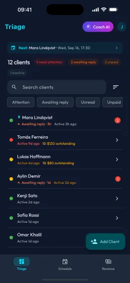 The coach triage dashboard, ranking clients by who needs attention