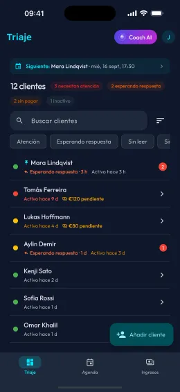 El panel de triaje del coach, que ordena a los clientes según quién necesita atención