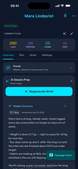 A coach's view of a client, with an AI Session Prep brief