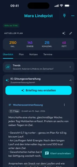 Coach-Ansicht eines Klienten mit KI-Sitzungsvorbereitung