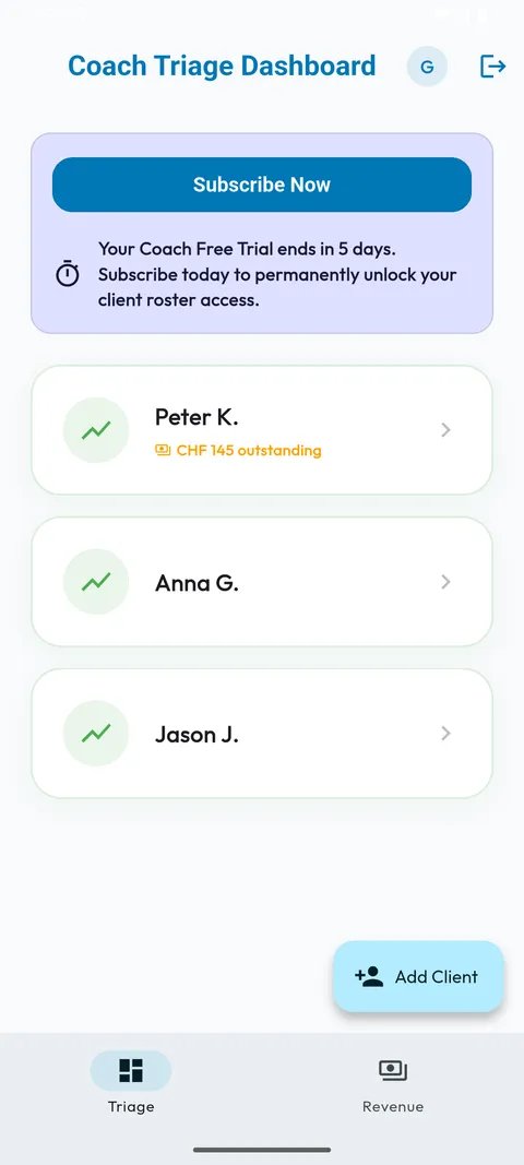 Coach triage dashboard listing clients