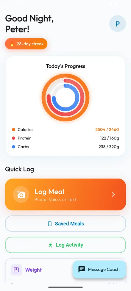 Log a meal with photo, voice, or text